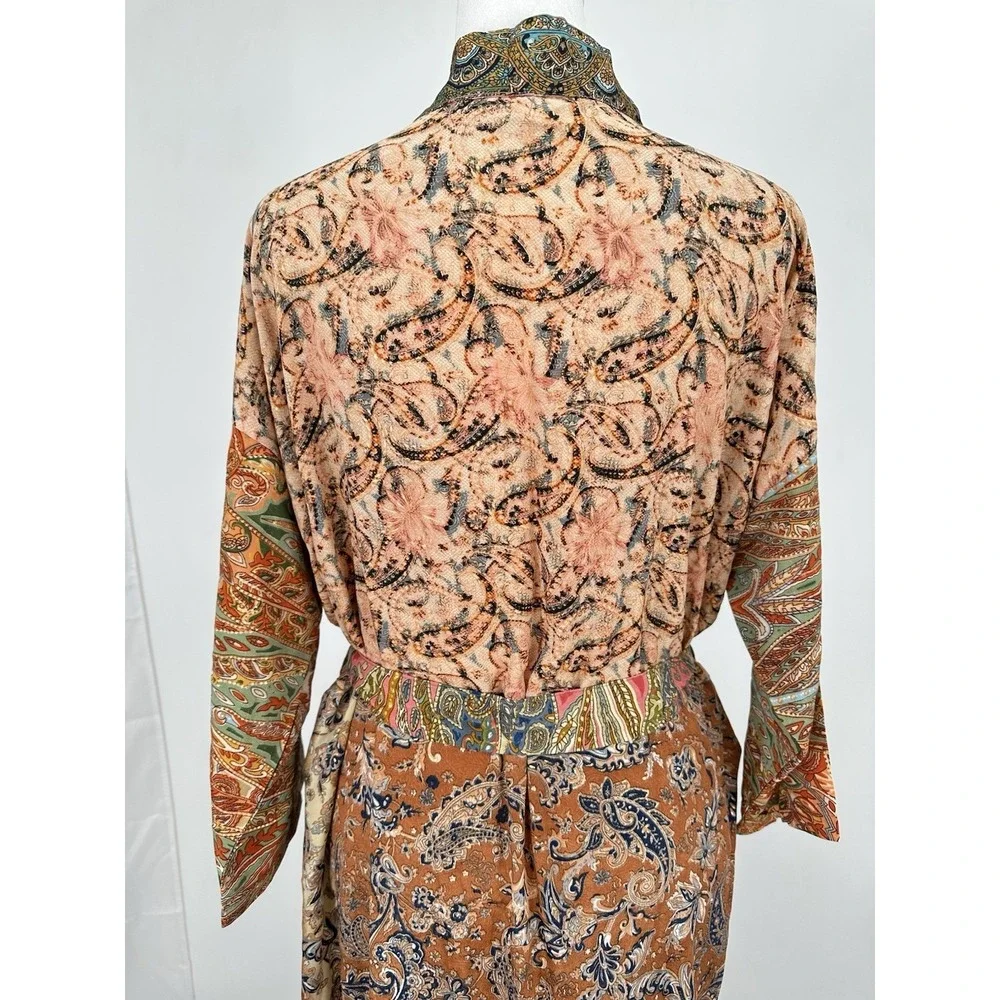 Lunas Vintage Silk Blend Kimono Robe Duster OS Boho Paisley Belted Fairy Earthy